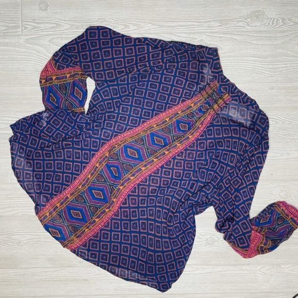 Lucky brand 3x Aztec design flowey blue and purple crop sleeved shirt / top blou - Picture 2 of 5